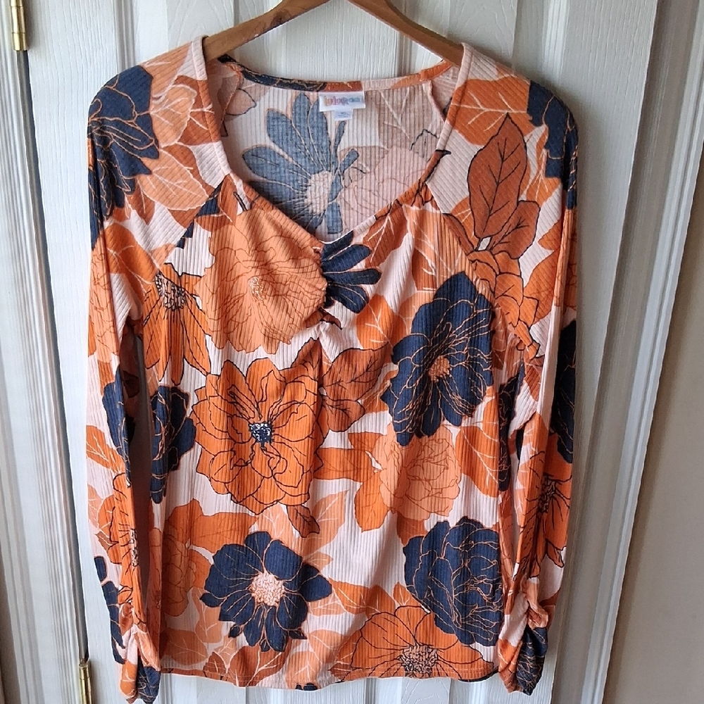 LuLaRoe Orange & Navy Floral Long-Sleeve Top Ruching Front Center Neckline